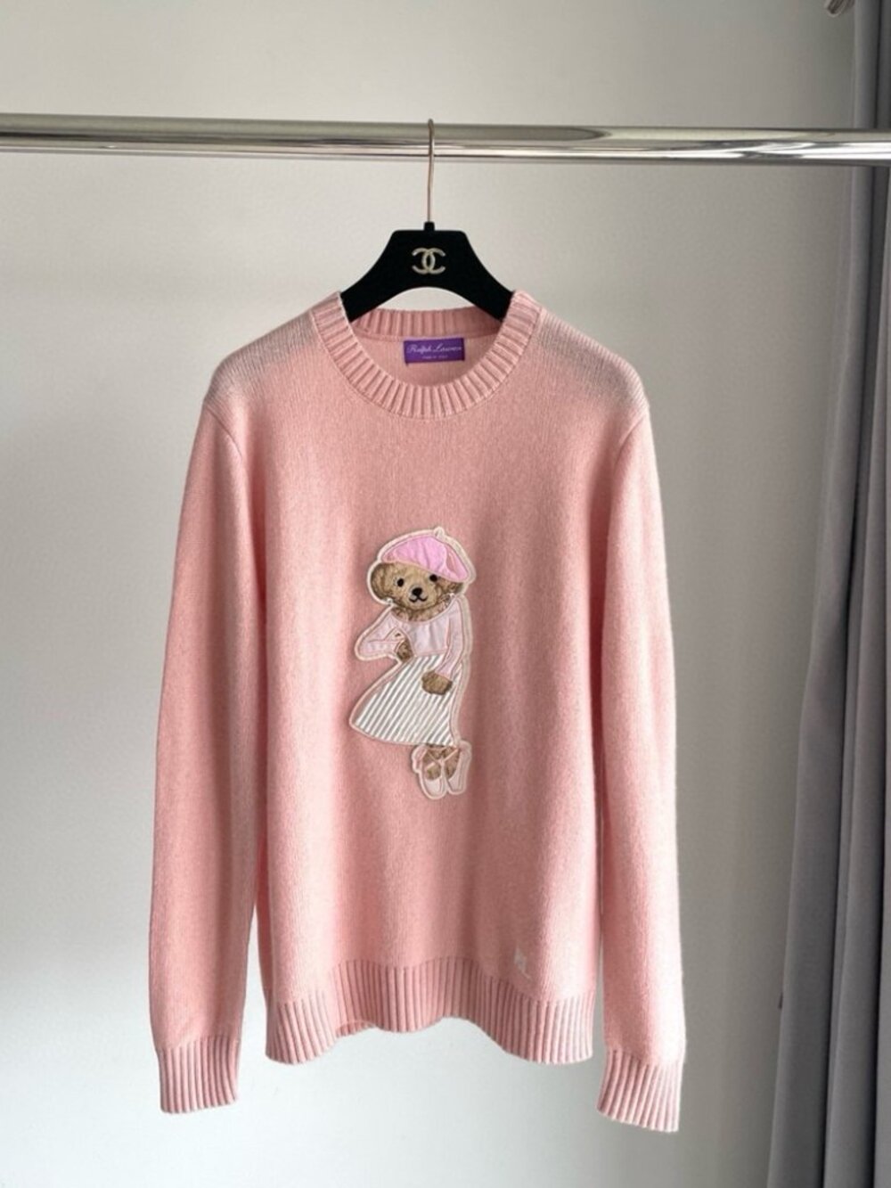 Ralph Lauren Pink Teddy Bear Crewneck Knit Sweater Women